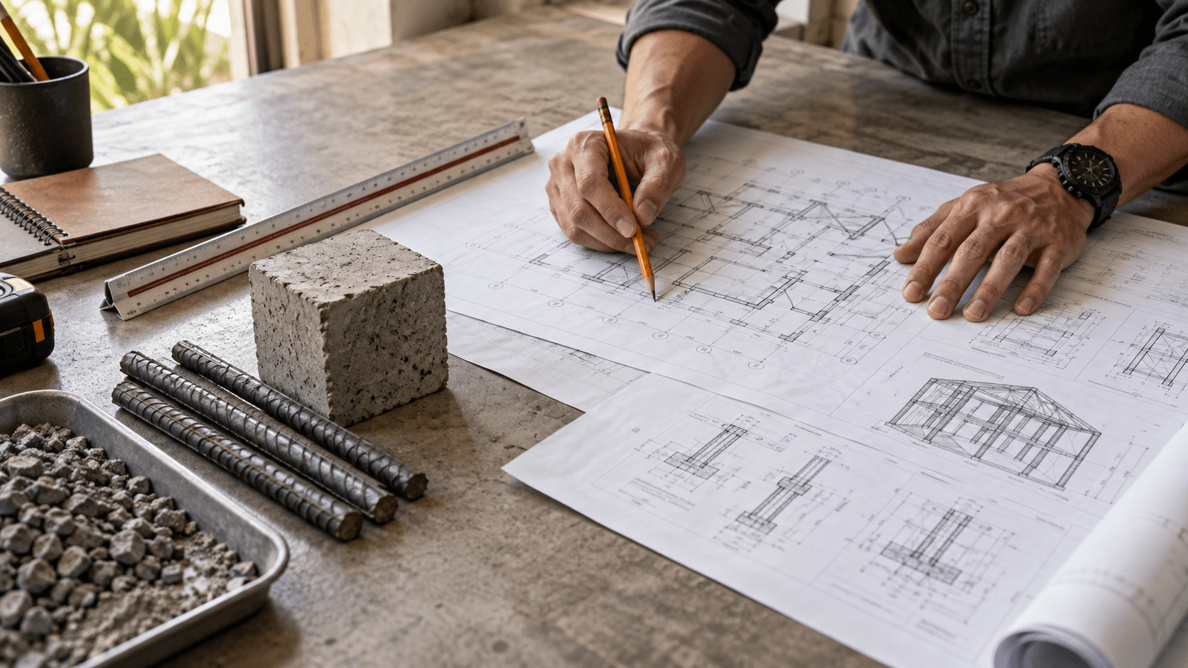 Engineer reviewing structural house plans and material samples at a worktable