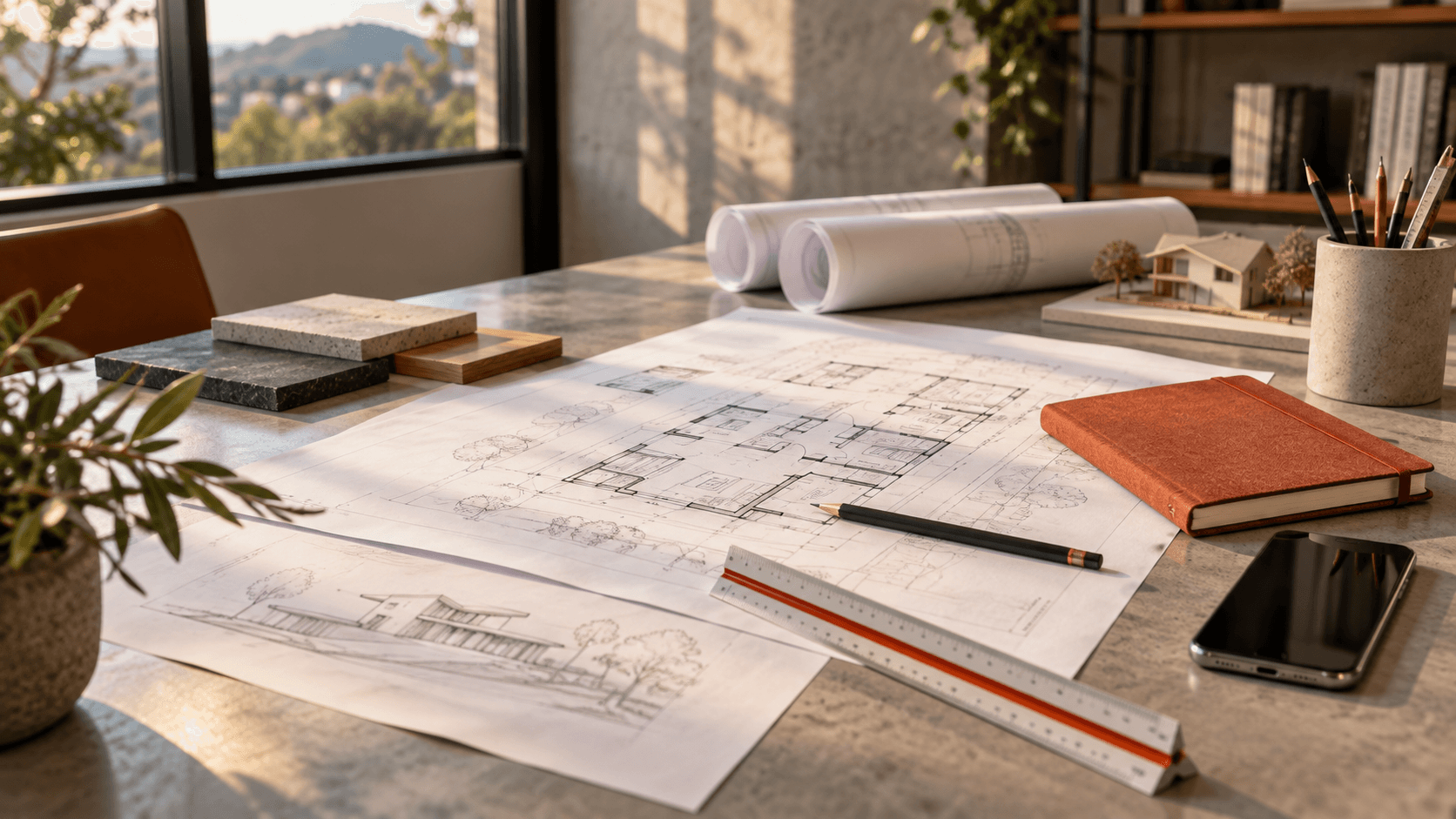 Project desk prepared for a residential consultation