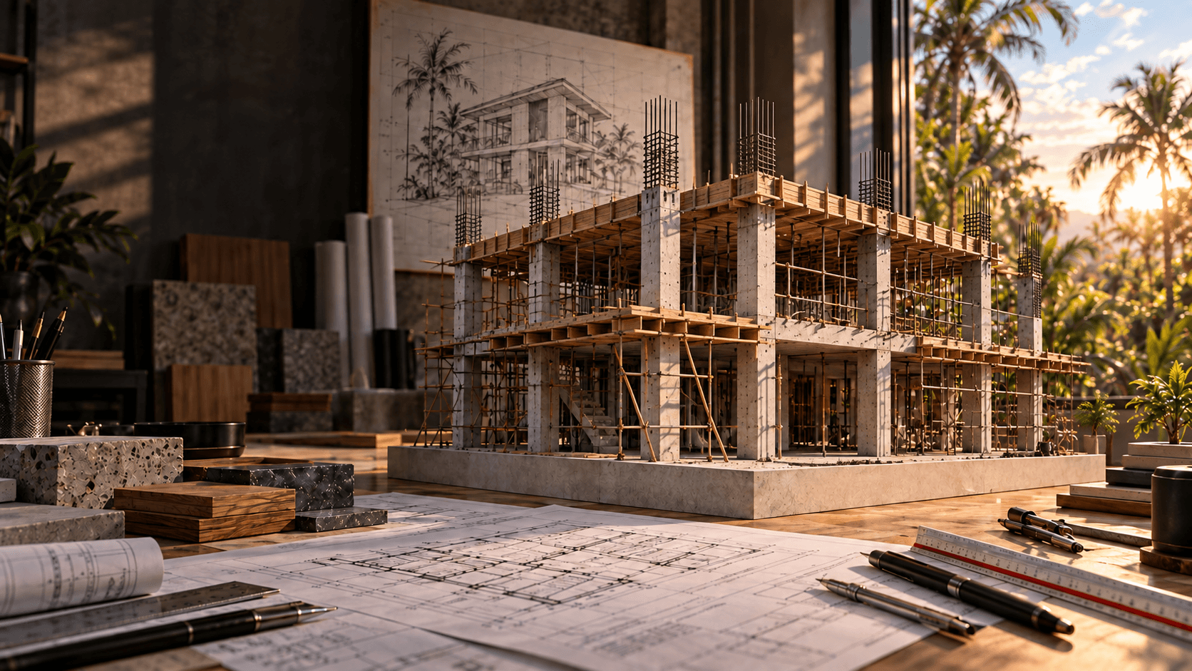 Reinforced-concrete house under active construction on an architectural worktable