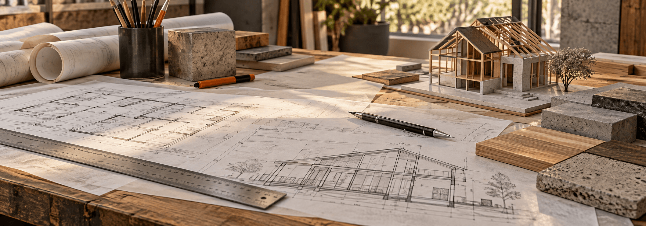 Construction drawings, material samples, and a structural house model on a worktable