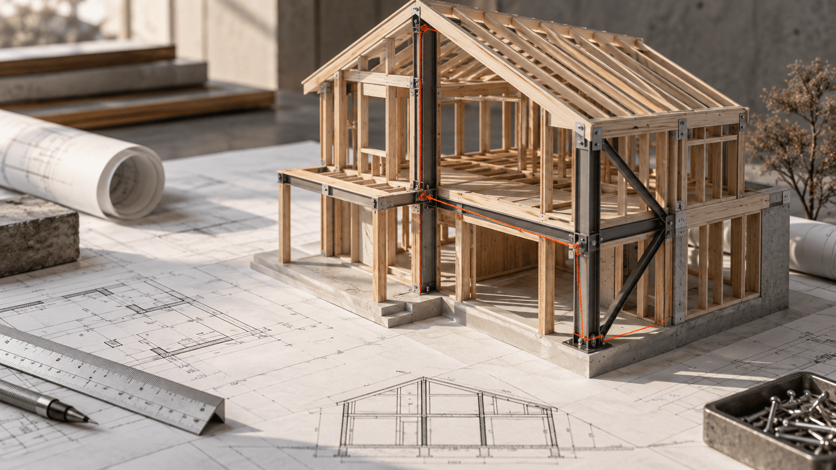 Structural house model over working drawings with an orange load-path marker